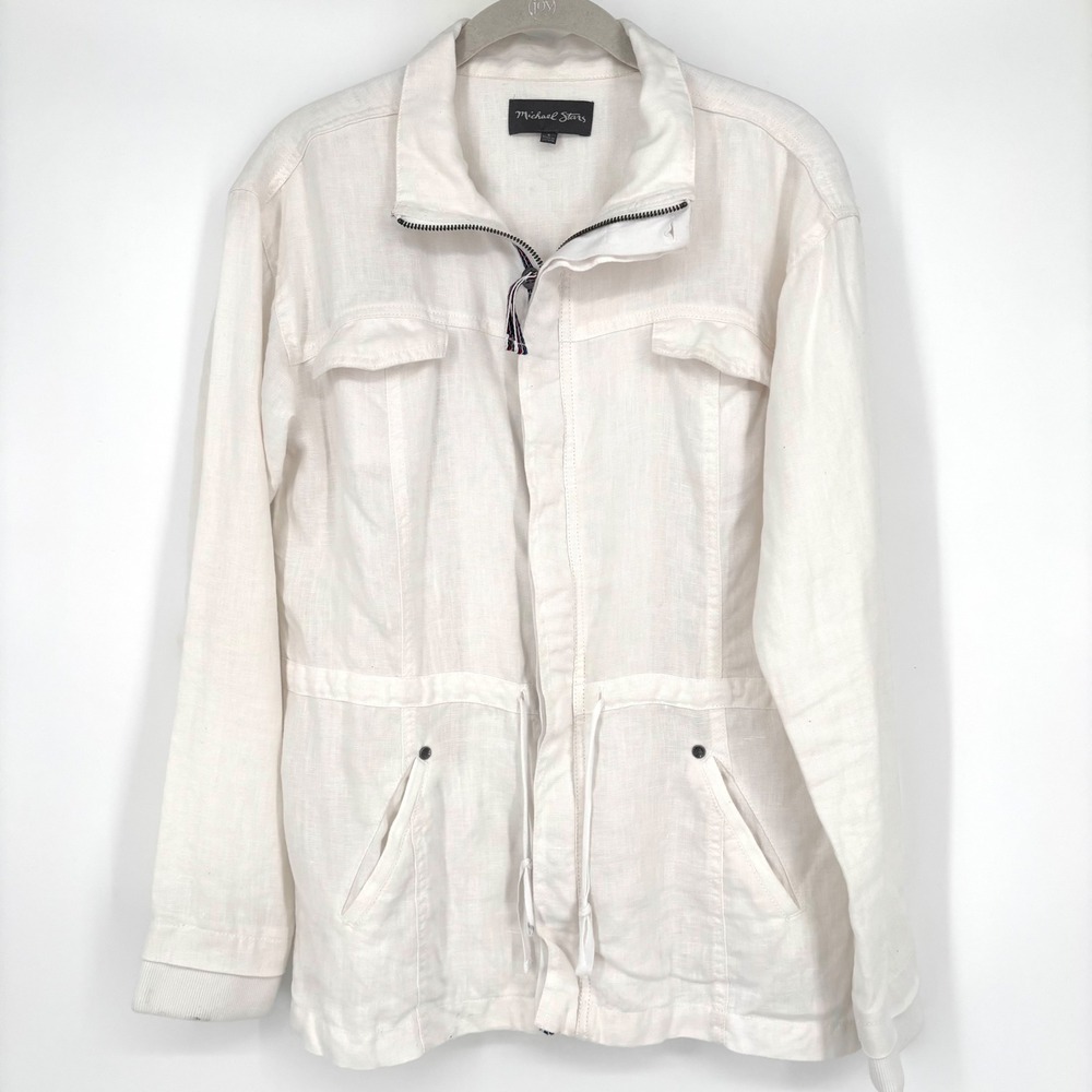 Michael Stars 100% Linen Utility Jacket Sz S White Full Zip Long Sleeve